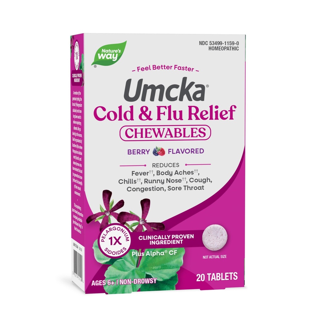 Nature's Way Cold+Flu Relief, Umcka, Shortens Duur en vermindert Severity, Multi-Symptoom Relief, Homeopathische, Fenylefrine Vrij, Niet-Drowsy, Berry Flavored, 20 Kauwbare Tablets (Verpakking mei Vary)