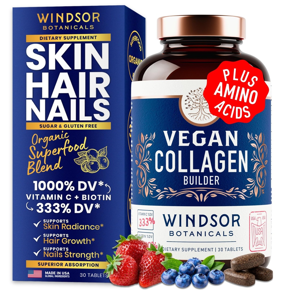 Vegan Collageen voor vrouwen en mannen Supplementen - Vitamine C, Biotine, Aminozuren Glycine, Lysine, Proline, Biologische Fruit & groentepoeder - Een keer per dag - 30 Plant Based Collageen Boost Tablets