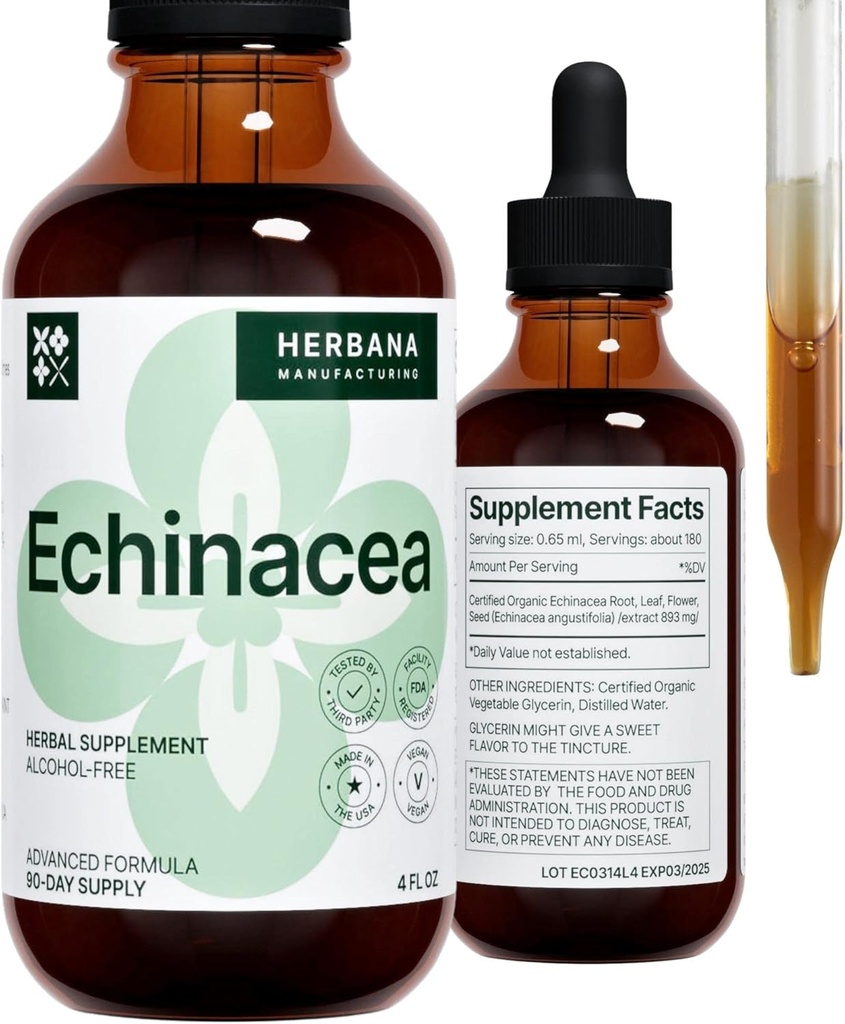 Echinacea 4 fl oz Liquid Extract - Biologische Wortel, Blad, Bloem, Zaad - Natuurlijke Kruidensupplement - Lichaam, Immuunsysteem Ondersteuning Tinctuur - Hoge Potentie Drops - 90-dagen levering - Familiegrootte