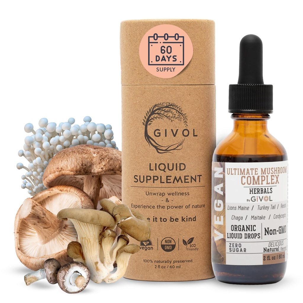 Ultimate Immune Mushroom Complex Liquid Drops: Dynamic Herbal Blend for Enhanced Performance & Energy, Fresh Lion's Mane, Reishi, Chaga Extracts, Vitamines, 60 Days Supply
