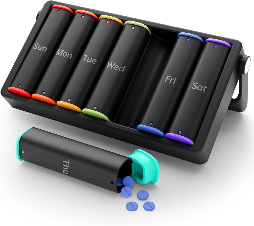 Wekelijkse pil Organisator 2 keer per dag, KOV IOO Large Travel pil Box 7 Dag, Am Pm Tweemaal daagse pil geval met draaibare handvat, Week pil houder Container voor vitamine geneeskunde supplement visolie, zwart