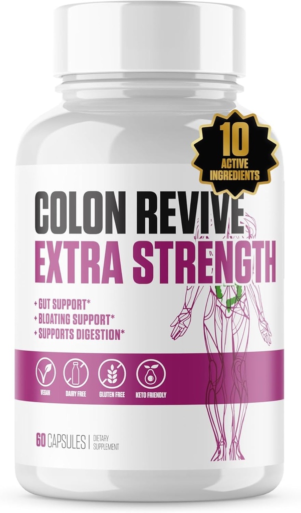 Colon Revive Extra Sterkte #1 Beoordeelde Colon Cleanse & Detox Supplement Verteringsondersteuning, Verminder opgeblazenheid, Constipatie Relief w/Buckthron, Alfalfa, Aloë Vera + meer voor mannen en vrouwen - 60 pillen