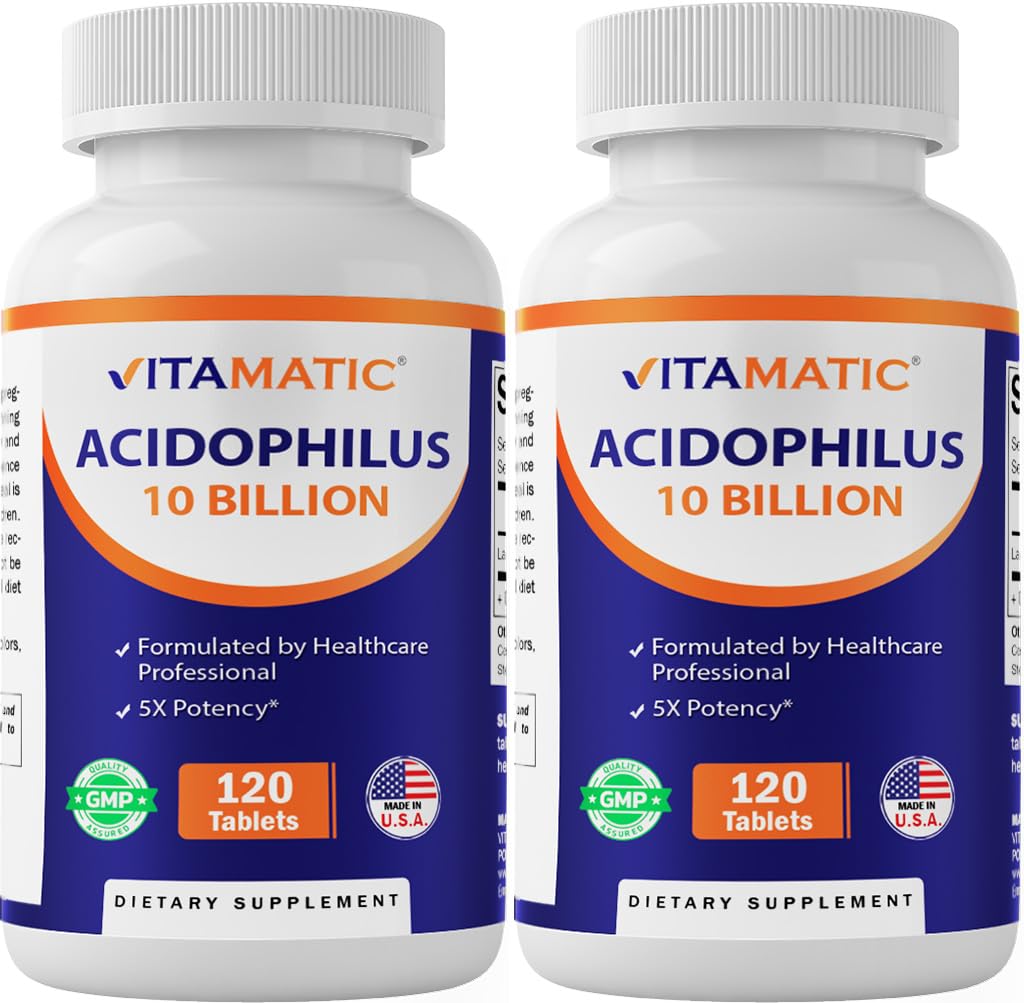 Vitamatic 2 Packs Acidophilus Probiotic - 10 Miljard CFU - 120 Tablets - 5X Potentie - Daily Probiotic Supplement, Ondersteunt spijsverteringsgezondheid (Total 240 Tablets)