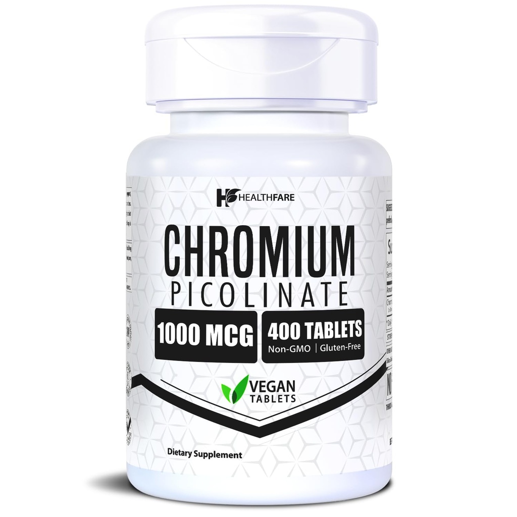 HealthFare Chromium Picolinate 1000mcg , 400 comprimés végétaliens , supplément minéral haute absorption , soutient le sucre sain Métabolisme et l'absorption nutritive , non-OGM , sans gluten , Fabriqué aux États-Unis