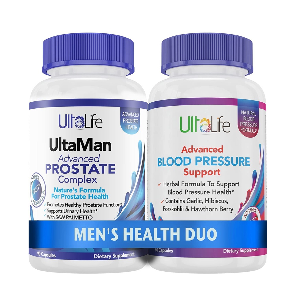 ULTALIFE mannen gezondheid Duo - 2 flessen - een prostaat ondersteuning complex met Saw Palmetto & Beta Sitosterol en een hoge bloeddruk supplement met Knoflook & Hawthorn Berry snelwerkende capsules voor mannen