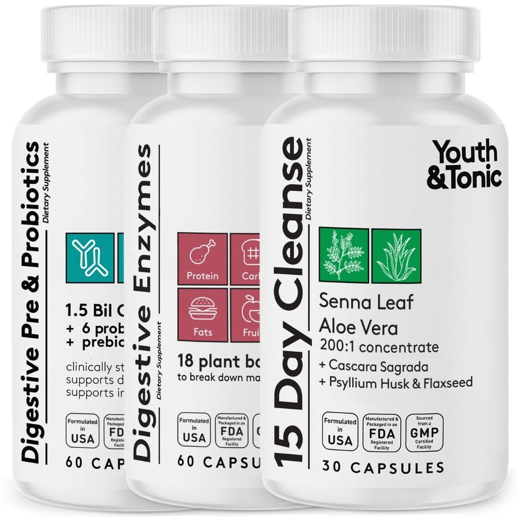 Jeugd & tonic 15 dagen Colon Reinigen van spijsverteringsenzymen met pre- en probiotica voor spijsvertering, Belly Bloat, Break Down Food, Gut Health en Regularity,150 pillen voor vrouwen en mannen