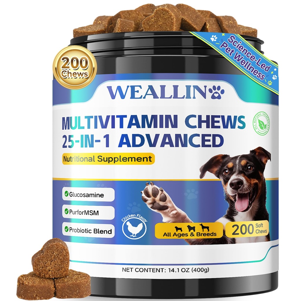 Vitamines de chien - 25-en-1 Vitamines de chien et suppléments Multivitamine avec Probiotiques Glucosamine Omega-3 Puppy Multivitamine Chewable for Coat, Heart, HIPS & Joints, Digestion & système immunitaire 200pcs