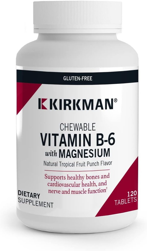 Kirkman - Vitamine B6 met Magnesium - 120 tabletten - Krachtige vitamine B6 & Magnesiumsupplementen - Kauwbare wafer - Hypoallergeen