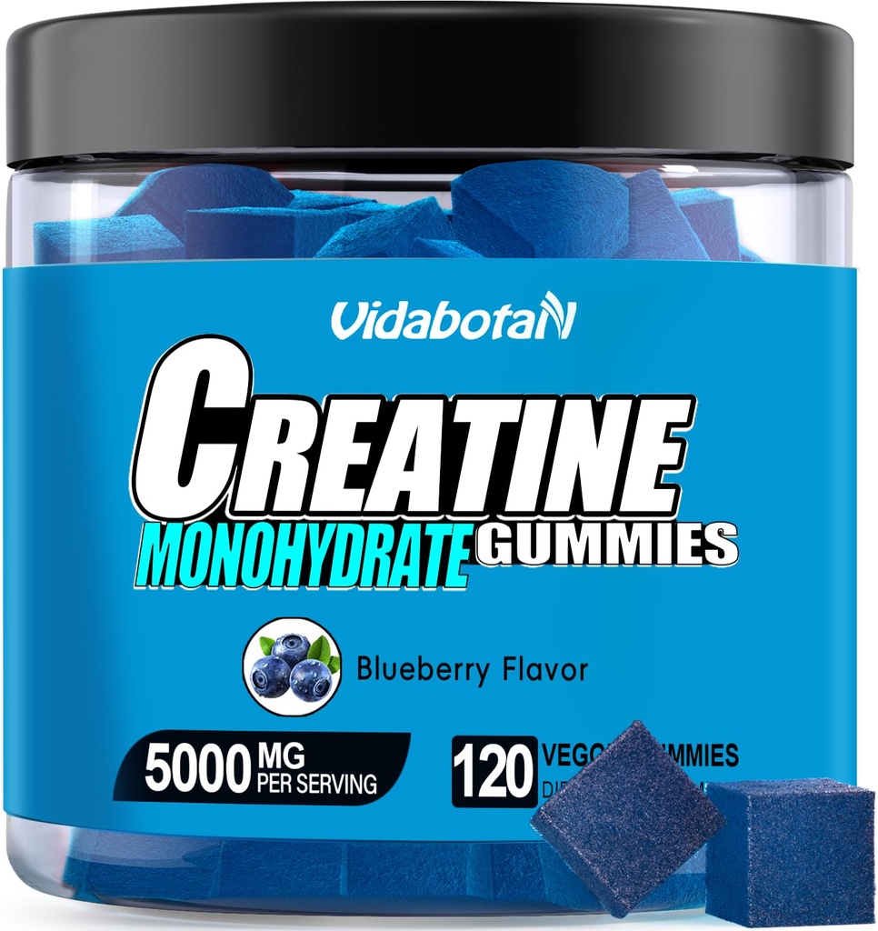 Creatine Monohydraat Gummy's voor mannen & vrouwen-5g van Creatine Monohydraat per Serving- Verhoog de sterkte en bouw spier, Sugar Free, Vegan, Blueberry Flavor, 120 Count,B571