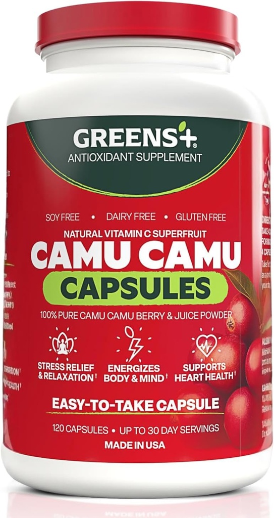 Supplément Greens+ SuperFruit, Berry Camu aux vitamines et minéraux, Antioxydants ORAC élevés, 400mg Vitamine naturelle C, 120 Capsules de légumes