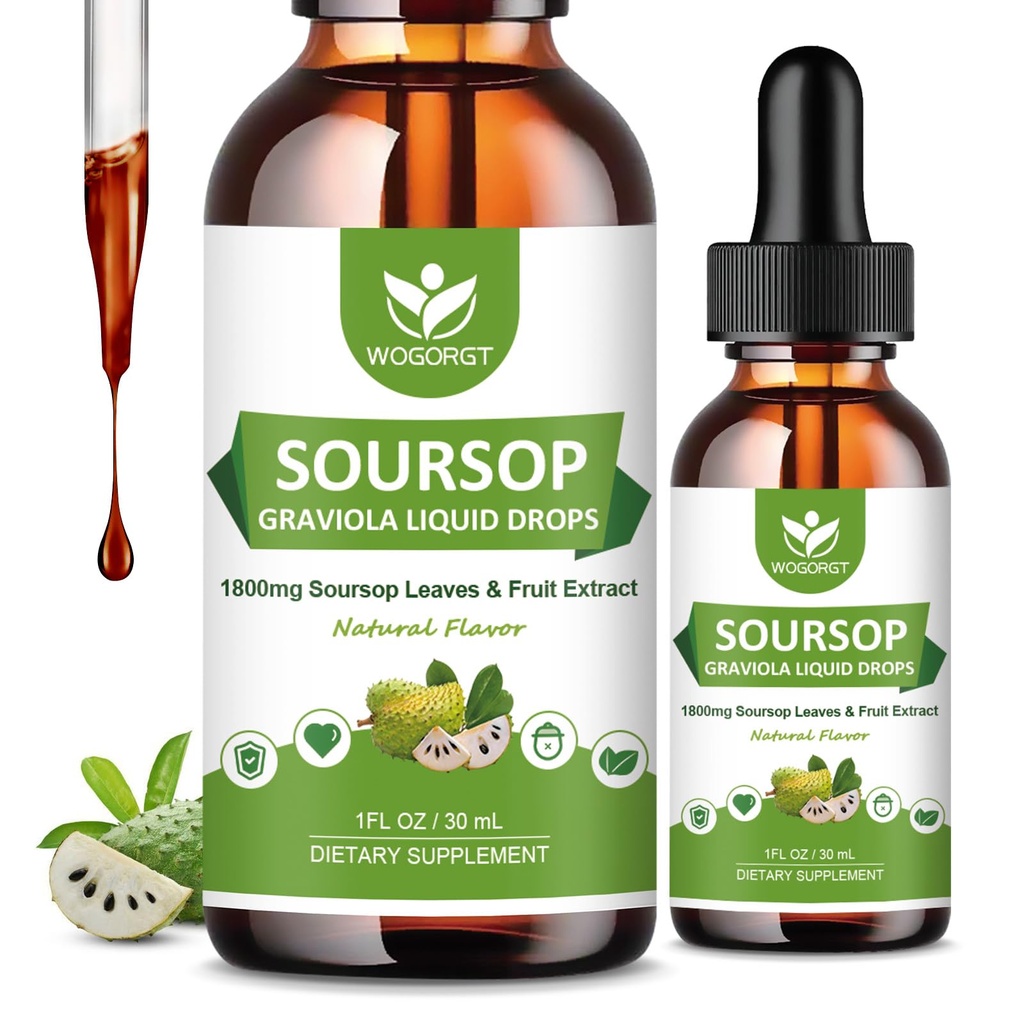 (2 Pack) Sourop Graviola gouttes liquides - 1800mg Sourop extrait - haute absorption Sour sop amers liquide pour le soutien cellulaire et la régénération, le support immunitaire, l'antioxydant, la relaxation, sans sucre - 1 Fl Oz