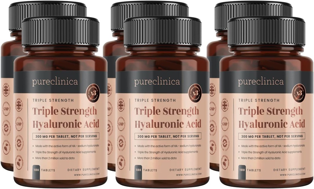 pureclinica Hyaluronzuur 300 mg x 1080 tabletten (6 flessen van 180 tabletten - 3 jaar levering). Drievoudige sterkte Hyaluronzuur. 300% sterker dan elke andere HLA tablet
