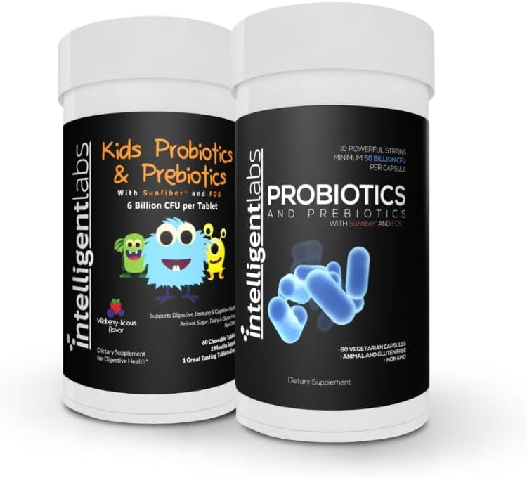 Intelligente labs 2-in-1 bundel van kinderen Probiotica (6 miljard CFU met Sunfiber en FOS) + volwassen probiotica (50 miljard CFU, 10 strengen), geen koeling nodig, 2 maanden levering per fles