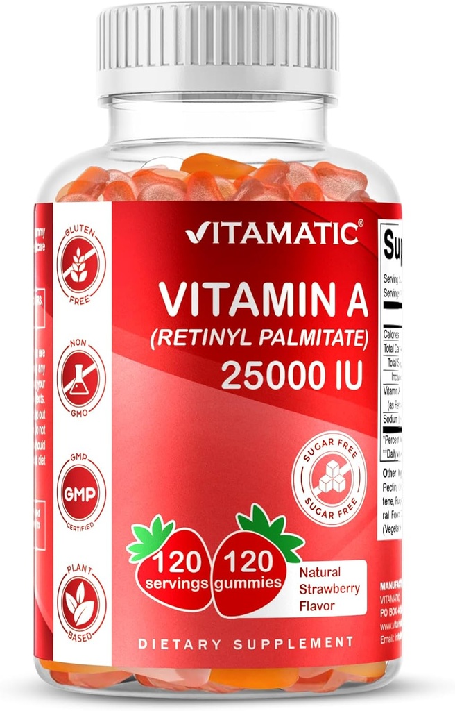 Vitamatic Sugar Free Vitamin A 25000 IE Gummies (Retinyl Palmitate) - Natural Strawberry Flavor - 120 Pectin Based Gummies (3 flessen)