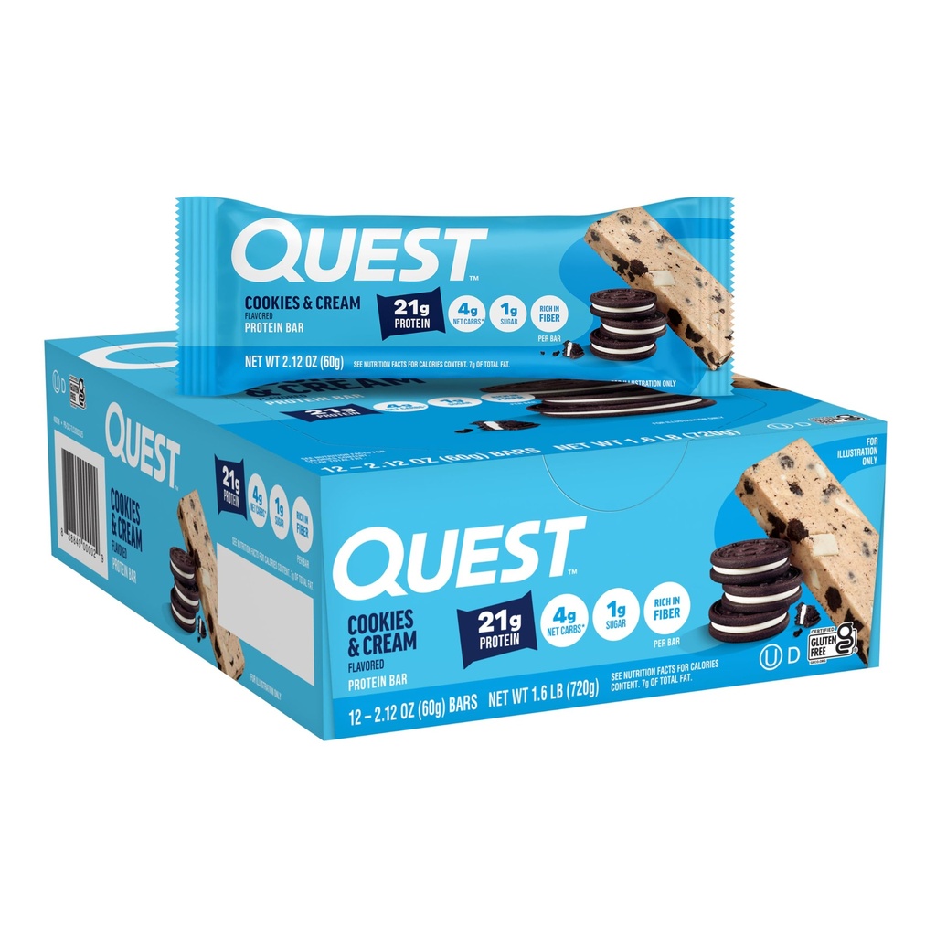Quest Nutrition Cookies & Crème Protein Bars, 21g Protéines, 1g Sucre, 4g Net Carb, Sans gluten, Keto Friendly, 12 Compte