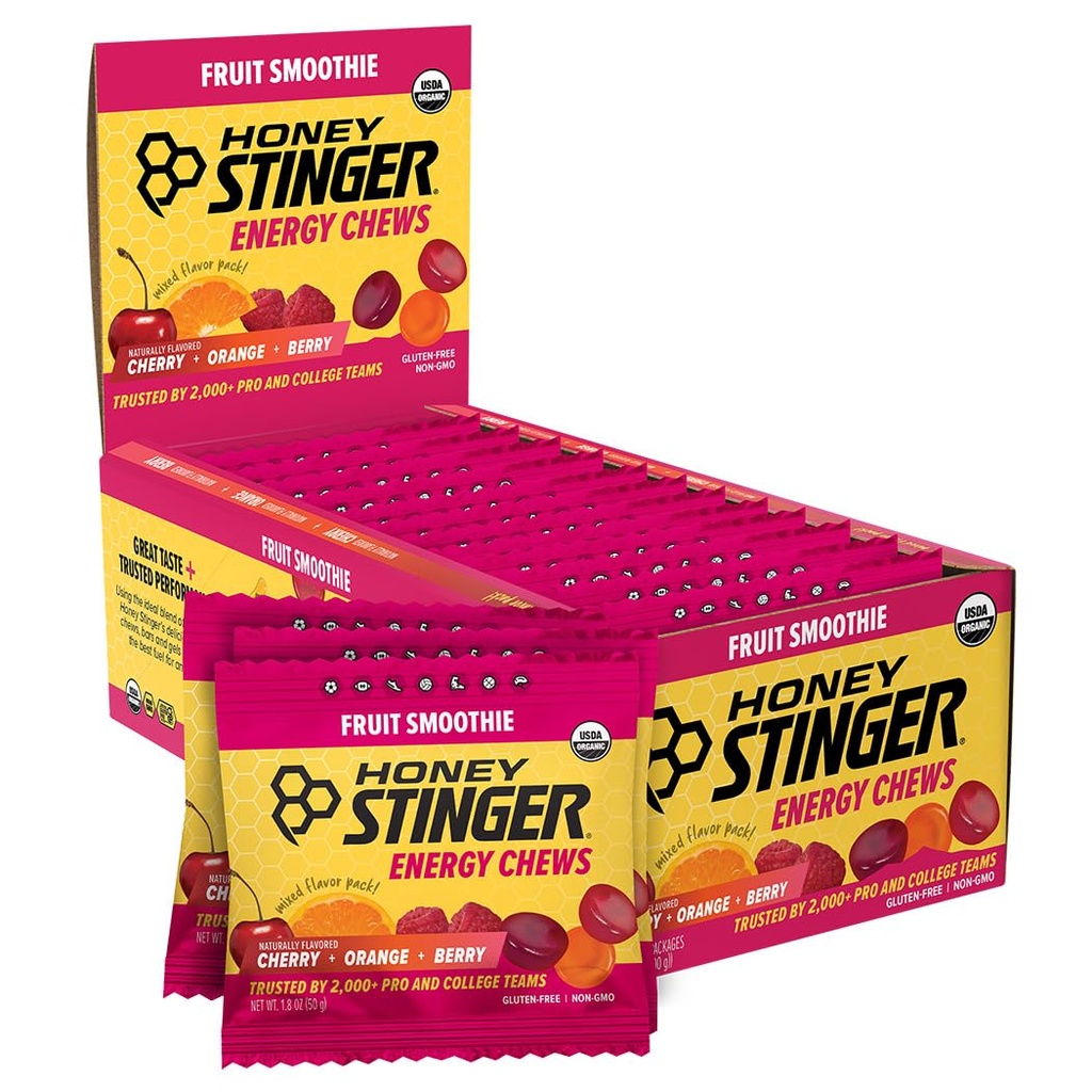 Miel Stinger Fruit Bio Smoothie Energy Chew, sans gluten et sans caféine, pour l'exercice, la course et la performance, la nutrition sportive pour la maison et le gym, la préparation et l'entraînement moyen, 12 Pack, 21.6 Ounce