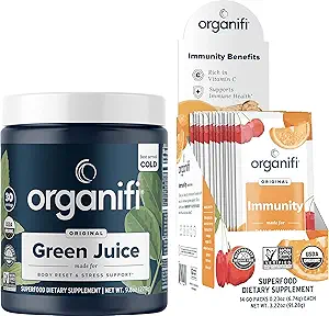 Poudre de jus vert orgaifi (30 portions) et mélange de boissons injectables (14 paquets) Vitamine C, vitamine D, zinc, détox, anti-stress et soutien immunitaire - sans gluten, végétalien, aliments entiers