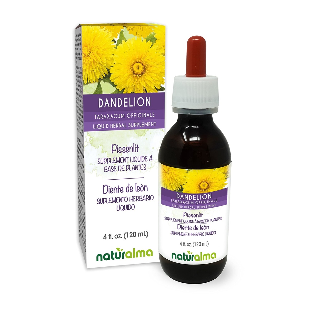 Naturalma Dandelion (Taraxacum officinale) Racine et herbe Teinture sans alcool - 4 fl oz Extrait liquide dans les gouttes - Supplément à base de plantes - Vegan