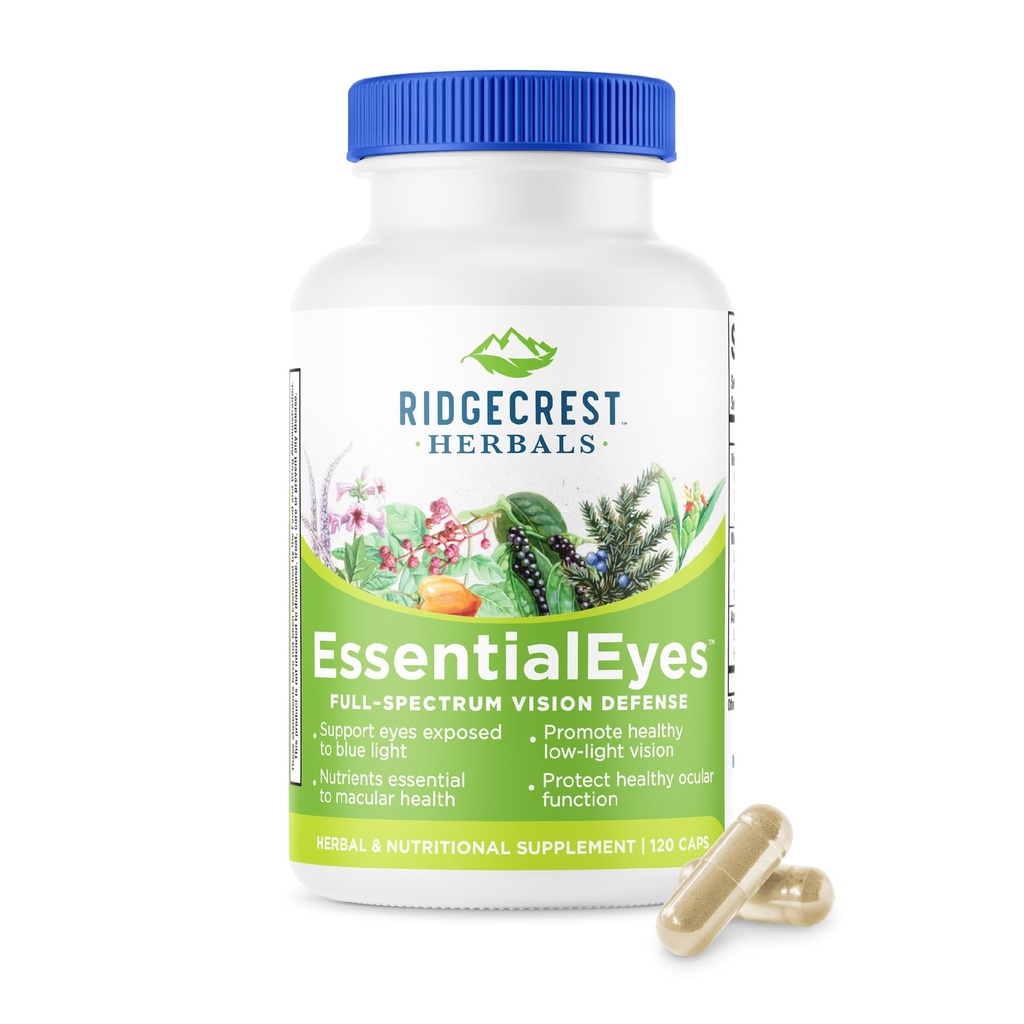 Ridgecrest Herbals EssentialEyes, Suppléments de vitamine naturelle pour les yeux, contient de la lutéine, de la zéaxanthine, de l'extrait de bilberry, soutient la santé des yeux et de la vision (120 capsules véganes, 30 portions)