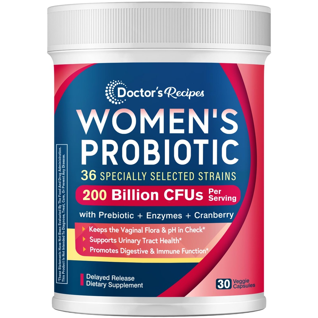 Recettes de médecin Probiotiques pour femmes, 200B UFC 36 souches, avec prébiotiques, enzymes et canneberge, urinaire vaginale digestive et immunitaire, plateau stable, 30 capsules