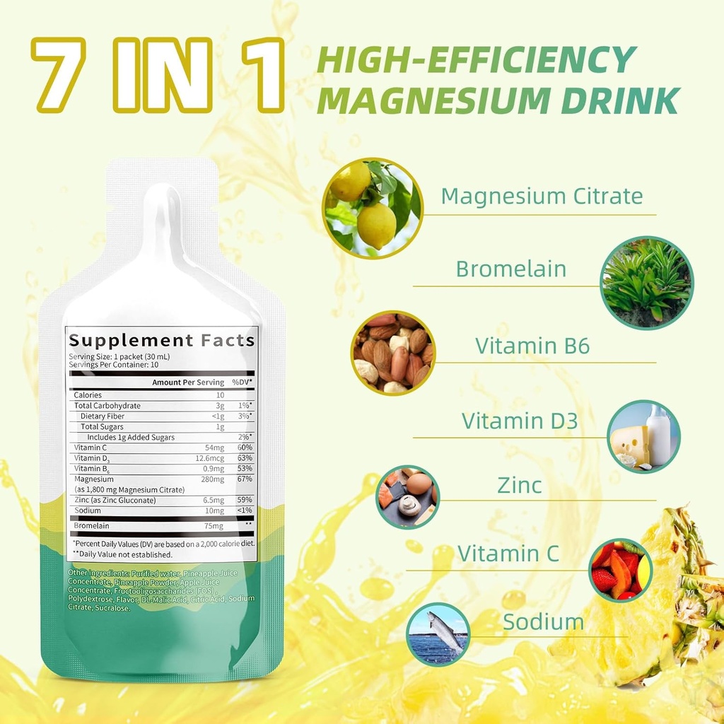 Magnesium citraat vloeibare supplement(10 Fl Oz), Magnesium Complex Drink/Oral Solution with VitaminB,Zinc, Sodium and Bromelain for Sleep,Muscle,Hart,Gut Support(Pineapple)