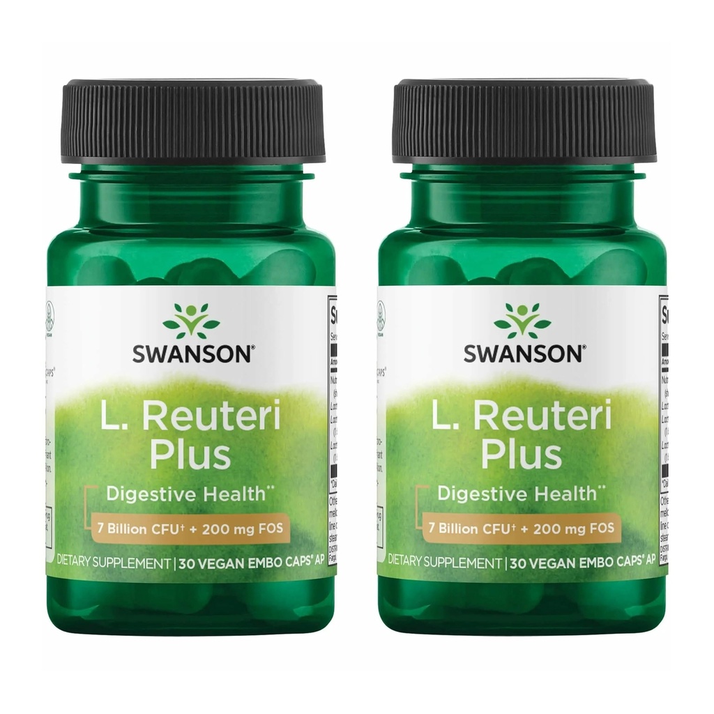 Swanson L. Reuteri Probiotic Plus w/L. Rhamnosus L. Acidophilus & FOS Prebiotic Digestive Support - Promotion de la santé Gut w/ 7 Million CFU par Capsule - (30 Capsules Veggie) (2 Pack)