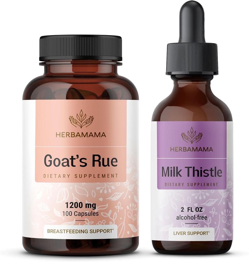 HERBAMAMA Geit Rue and Milk Thistle Kit - bundel van 1200 mg Geit's Rue Capsules & Milk Thistle Liver Detox Drops 2 fl oz - Vegan, Non-GMO, Sugar & Alcohol-Free - 2 Pack