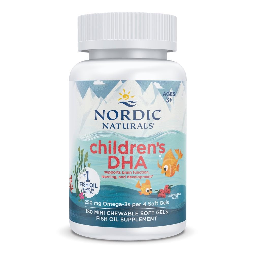 Nordic Naturals Enfants DHA, fraise - 180 Mini Gels doux à croquer pour les enfants - 250 mg Oméga-3 avec EPA & DHA - Développement et fonction cérébrale - Non-OGM - 45 portions