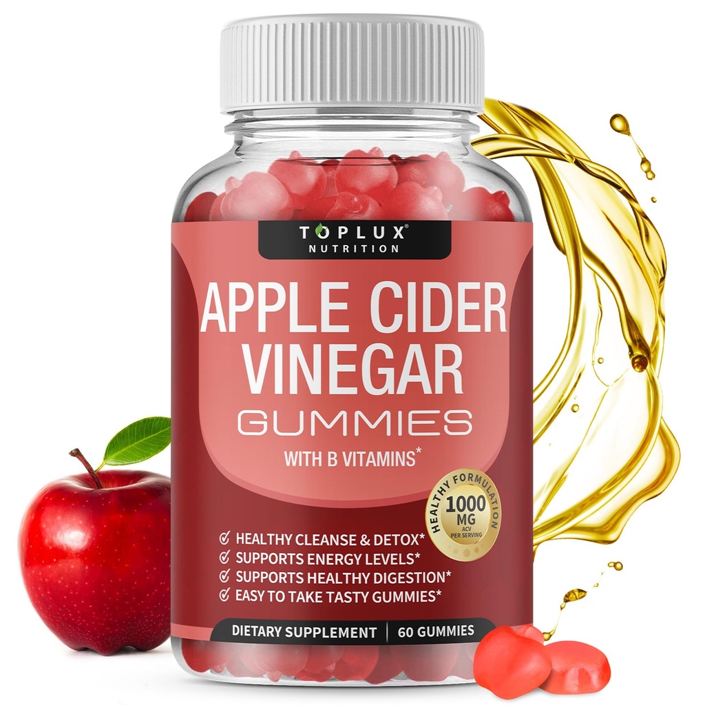 Toplux Apple Cider Vinegar Gummies - 1000mg ACV met B12, Beetwortelwortel, Granaatappel voor Immune System, Detox & Cleanse, Gummy alternatief voor Apple Cider Vinegar Capsules, voor mannen Vrouwen, 60 Gummies
