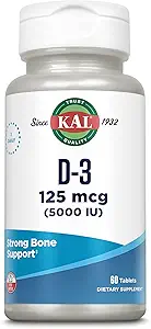 KAL Vitamine D3 5000 IE 125 mcg, High Potency Vitamine D Tablets, Calcium Absorptie, Bone Health and Immune Support Supplement, Rapid Disintegratie D-3 ActivTabs, 60 dagen garantie, 60 Serv, 60 tabletten