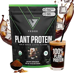 Vedge Poudre de protéines végétaliennes - Poudre de protéines végétales avec du pois, de la citrouille et du tournesol - USDA Organic, Amino Acides, Sans produits laitiers, Sans gluten, Sans soja, Keto, Non OGM - Latte Brew Cold - 20 portions