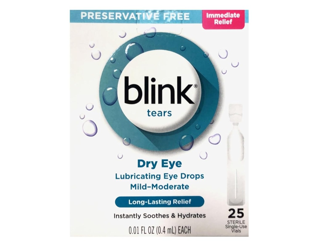 BLINK Tears Eye Drops for Dry Eyes, Conservative Free Smeer Eye Drops, Steriele Single Use Flacons, Voorzichtige Eye Care for Mild to Matige Dry Eye Symptoom Relief, 25 Tellen, 0,01 fl oz Vials