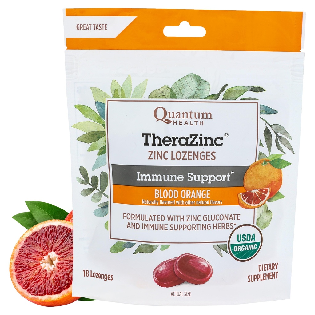 Quantum Health TheraZinc Biologische Zink Lozen Echinacea & Honey Immune Ondersteuning voor Volwassenen & Kinderen 12+ Natuurlijk Flavored Blood Orange Fast Relief with No Aftersmaak - 18 Tellen