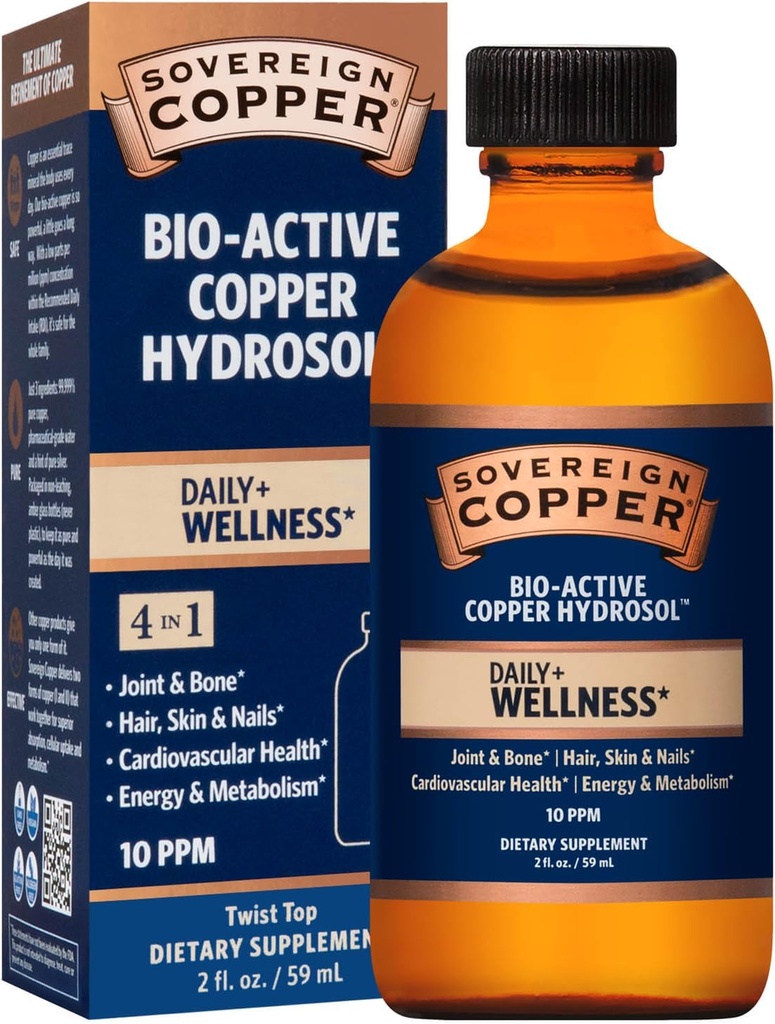 Sovereign Copper Professional 4-in-1 Wellness Support, Joint & Bone, Hair, Skin & Nails, Cardiovasculair Health & Energy, Bio-Active Copper Hydrosol, 30 ppm, Liquid Twist Top, 2 Fl Oz (59 ml)