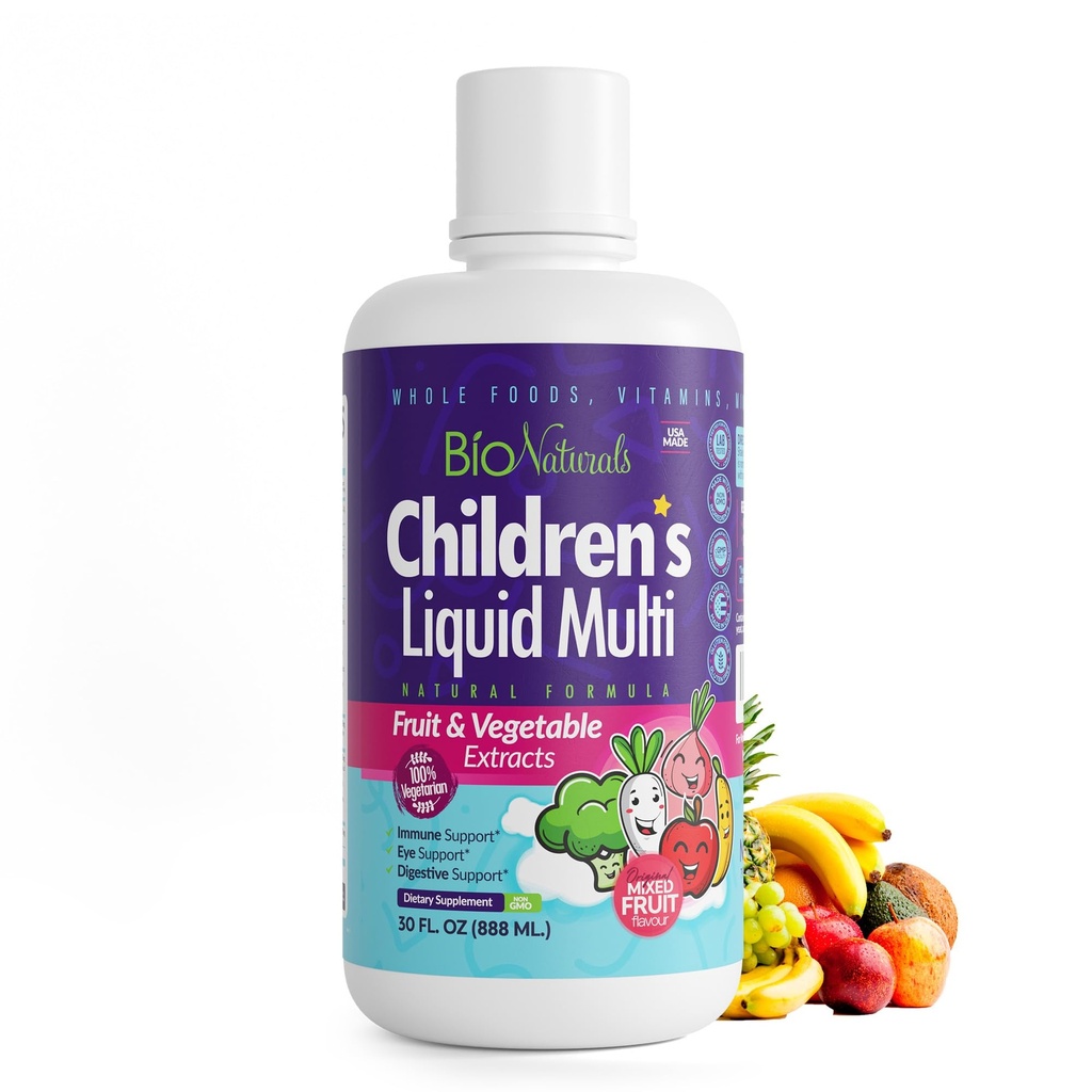 Bio Naturals Children's Liquid Multivitamine & Immune Booster - Natural Supplement for Kids & Toddlers with Vitamins A B C D3 E, Fiber, Fruit & Fruits - No GMO's, Gluten, Sugar, Dairy, Soy - 16oz