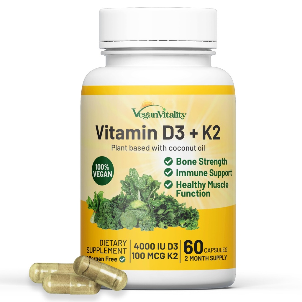 Vitalité végétale Vitamine D3 K2 4000IU (100mcg) avec huile de coco, 100% Vitamine végétale D à base végétale pour végétalien et végétarien - 60 Capsules