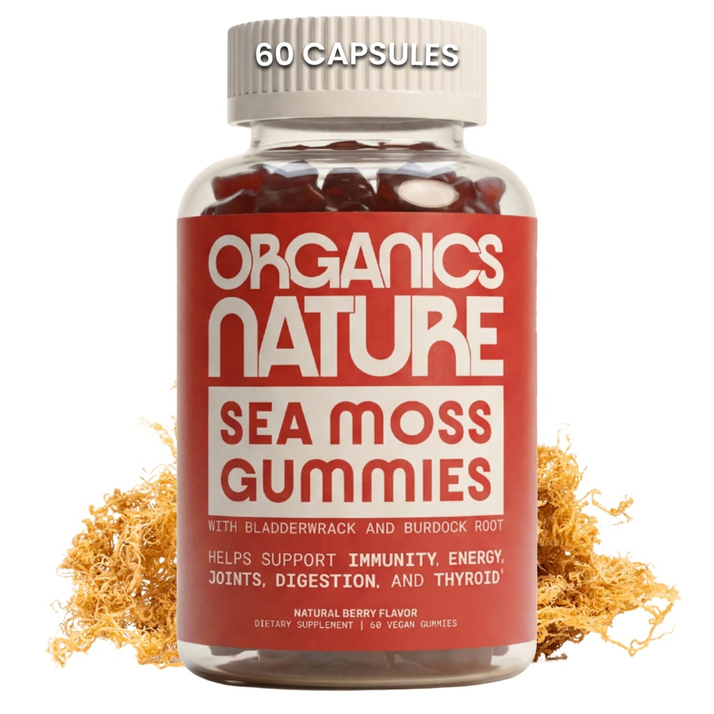 NATURE ORGANIQUE Gommies de la mousse de mer d'Irlande pour la désintoxication pulmonaire, la thyroïde, la force immunitaire et le soutien énergétique, Gommies vegan Seamoss pour les enfants et les adultes - 60 ours gommy végétaliens aromatisés Berry
