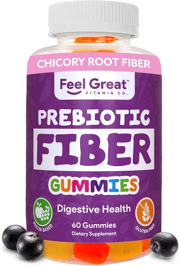 Prebiotic Fiber Gummies by Feel Great Vitamin Co (60 Gummies) Helpt bij het verbeteren van de spijsvertering gezondheid, het herstellen van natuurlijke Gut Flora, en ondersteuning van de algehele gezondheid & Immunity*