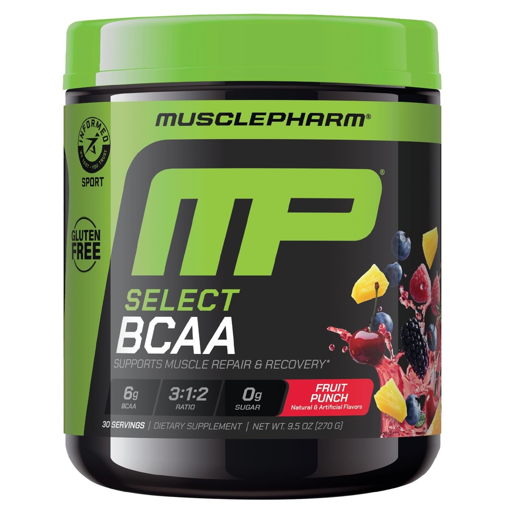 MusclePharm Essentials BCAA Powder, Pre & Post Workout Recovery Drink, ondersteunt spierherstel en energie, essentiële aminozuren, 30 Server, Fruit Punch