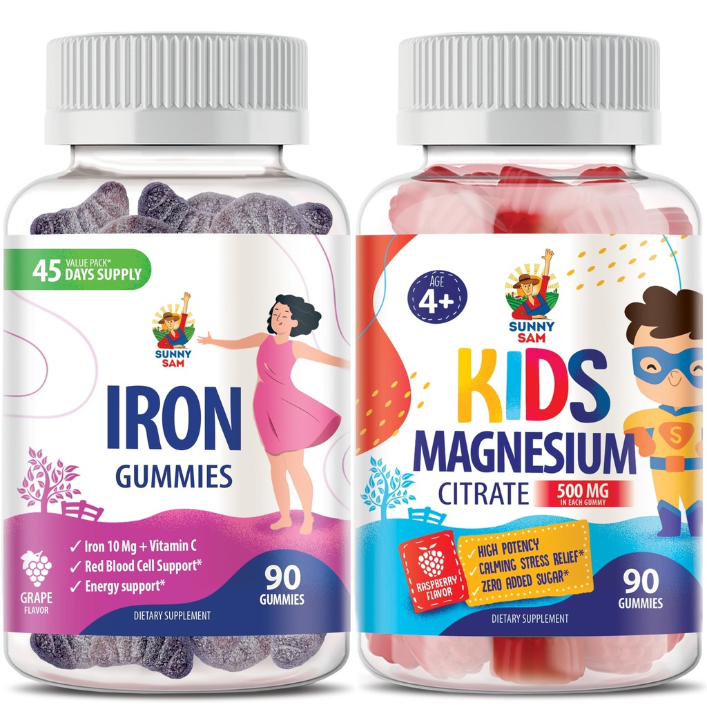 Gommies de magnésium pour enfants 500mg et Gommies de fer pour adultes - Vitamines de fer avec vitamine C