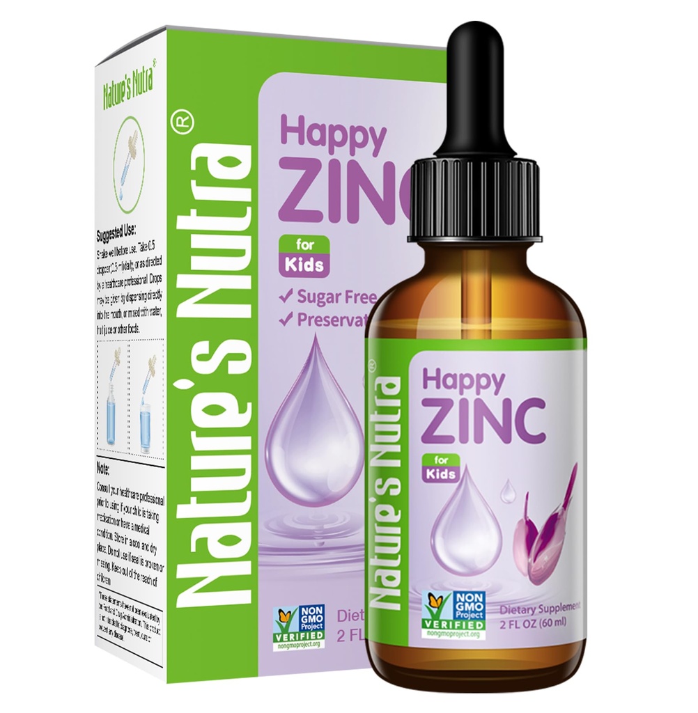 Nutra Happy Zinc de la nature, Zinc liquide Premium pour bébé, bébé, enfants et enfants, Zinc chélate TRAACS, haute biodisponibilité, non-OGM, Kosher, 2 Fl. Oz (60ml)