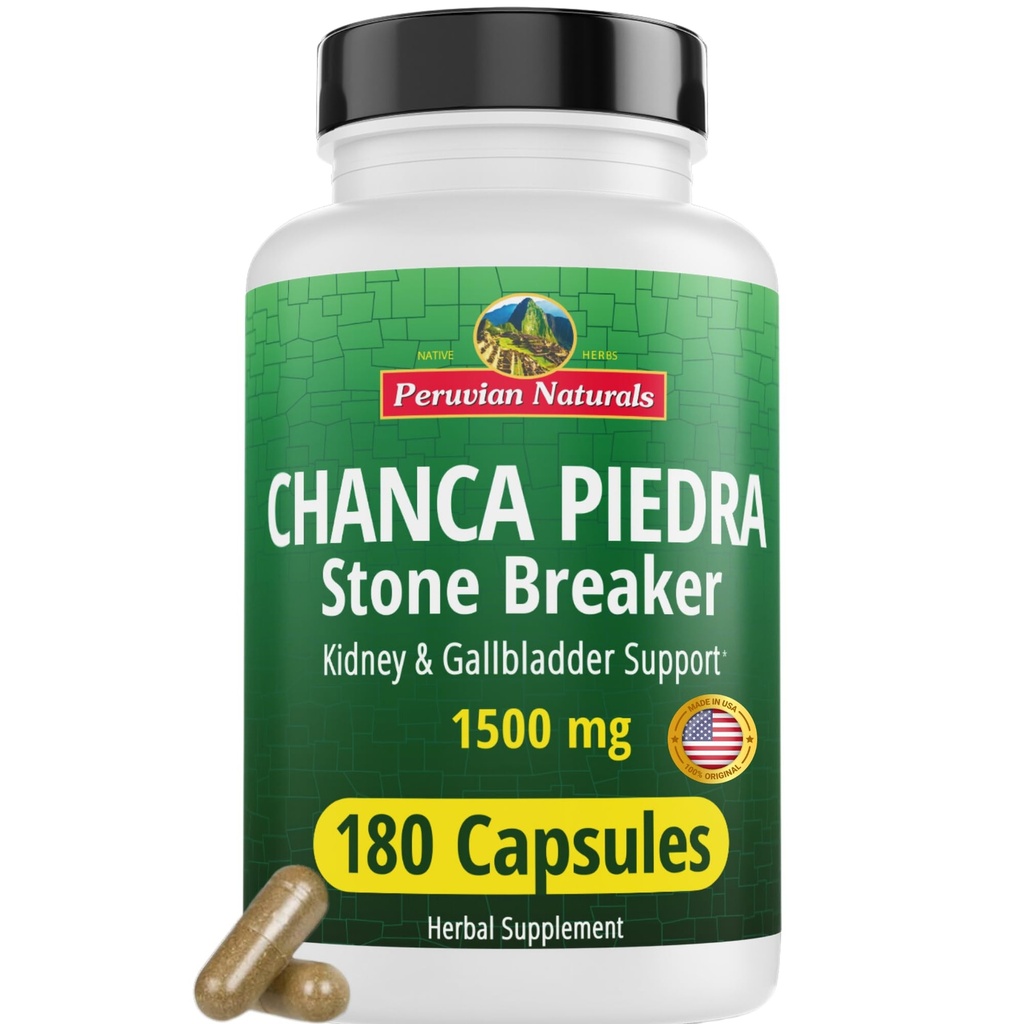 Peruvian Naturals Chanca Piedra Stone Breaker 180 Capsules - Niersteenoplosser & Gallblad - 1500mg per portie - Chancapiedra Stonebreaker voor blaasreiniging en urinetrek - Veganistisch, niet GGO