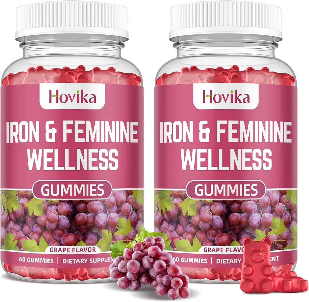 Ijzer voor vrouwen Gummies, 40mg IJzer Supplement Anemie met multivitamine voor vrouwen, Zink, Selenium, Jodium - voor ijzertekort - Natuurlijke Hormonale Ondersteuning voor PMS, Grape Flavour, 2 Pack