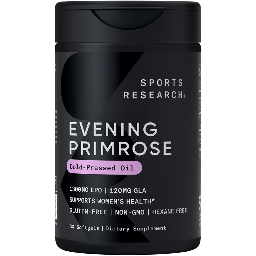 Sports Research Evening Primrose Oil (1300Mg) From Cold-Pressed Evening Primrose Flower | Non-Gmo Verified, Hexane & Gluten Free (30 Liquid Softgels)