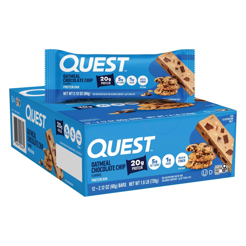 Quest Nutrition Havermout Chocolade Chip Proteïne Bars, 20g Proteïne, 1g Suiker, 5g Net Carb, Glutenvrij, Keto Vriendelijk, 12 Tellen