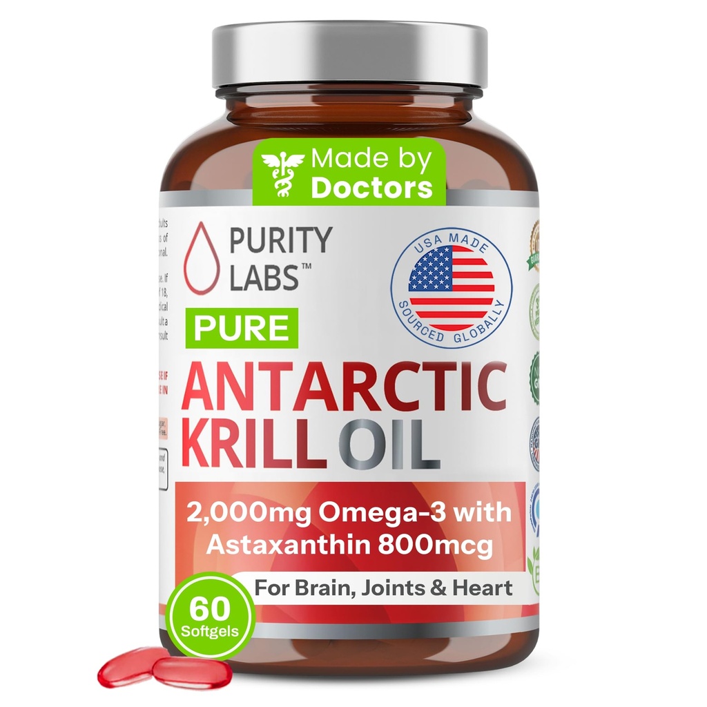 Purity Labs Antarctic Krill Oil 2000mg Omega-3 with Astaxanthin 800mcg Supplements to Support Memory- Rich in Omega 3, Fatty Acids, DHA, EPA & Phospholipids - 60 Softgels