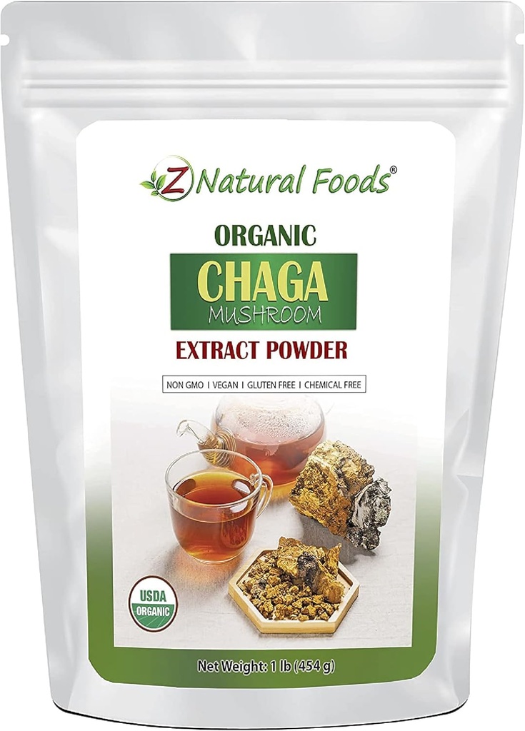 Z Natural Foods Biologische Chaga Paddestoel Extract Poeder, Geconcentreerde Premium Paddestoel Extract voor het ondersteunen van Immune Health, Energize Your Morning door het toevoegen aan koffie en thee, 1 lb