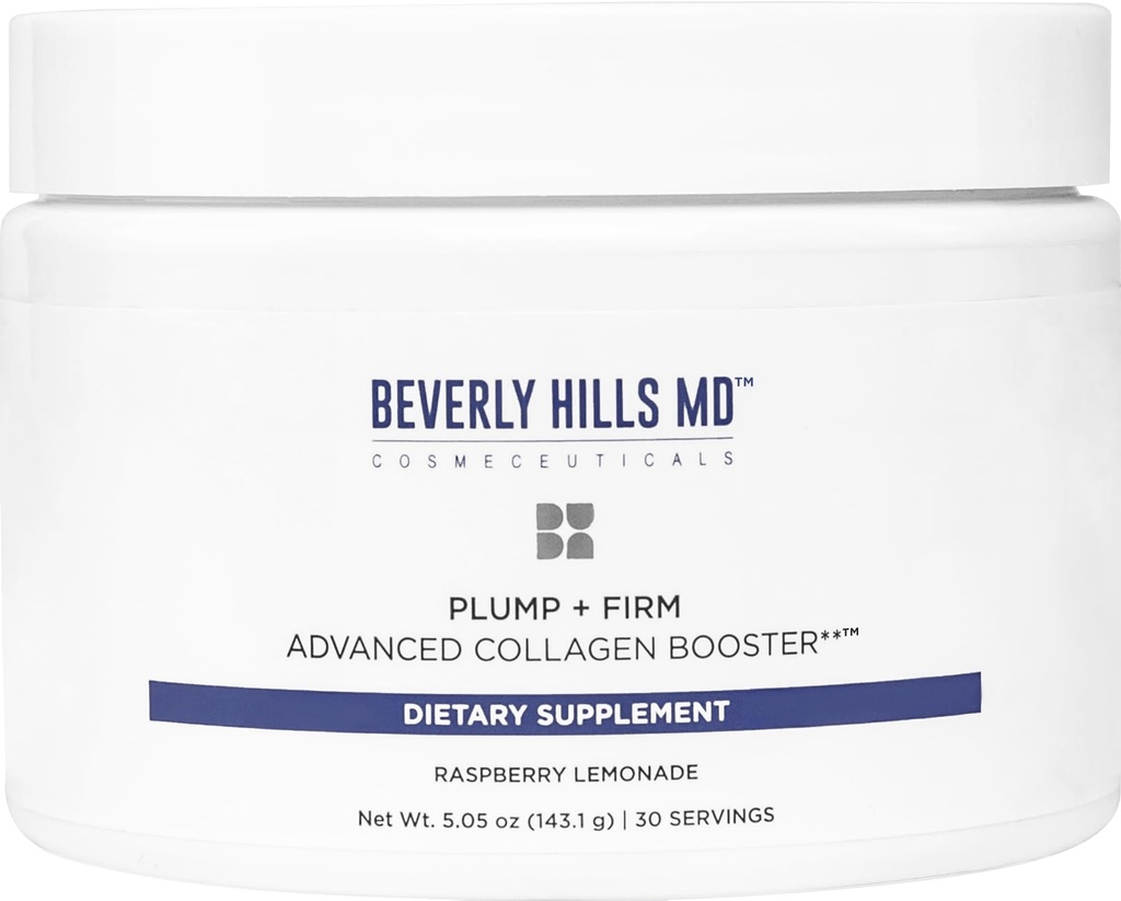 Beverly Hills MD Plump + Firm Advanced Collagen Booster for Aging Skin- Nutrient Powder Drink Mix Formula for Plumpper, Firmer, Skin w/Collagen Peptides, Polyphénols, Ceramides (Lémonade aux framboises)