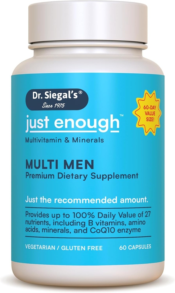 Dr. Siegal's Just Genoeg Multivitaminen voor mannen - 60 Capsules - 60 Servings Vegetarische Multivitamine voor mannen Capsules - Mannen Dagelijks Multivitamine - Heren Multivitaminen & Multimineralen Supplement
