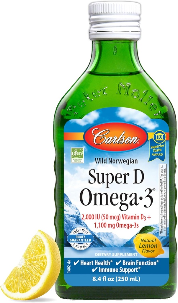 Carlson - Super D Omega-3, Wild-Caught Norwegian Arctic Cod Liver Oil, 2000 I.E. (50 mcg) Vitamine D3, 1100 mg Omega-3s, duurzaam verkregen Nordic Fish Oil Liquid, Citroen, 250 ml